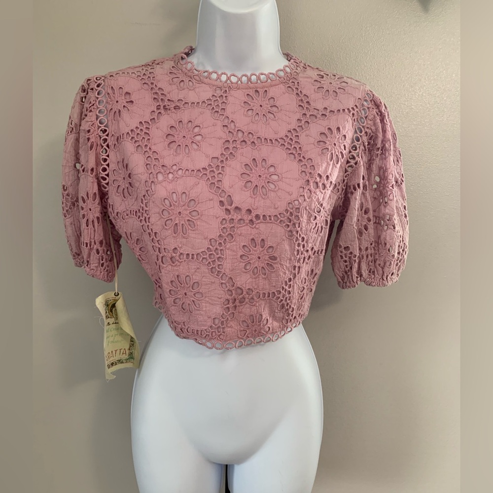 NWT Aratta Lace Crochet Puff Sleeve Crop Top - Dusty Rose - Picture 13 of 16